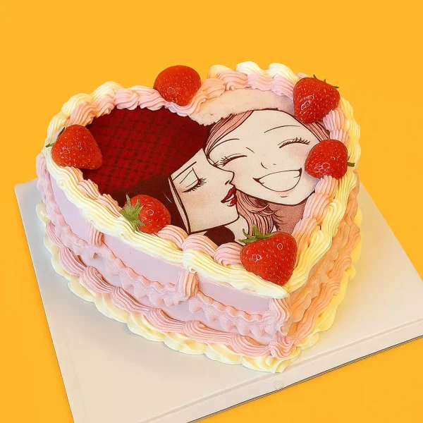 Gâteau en forme de cœur décoré avec illustration shōjo style manga, fraises fraîches et crème rose, idéal pour célébrer l’amour ou l’amitié à Genève ou Lausanne.