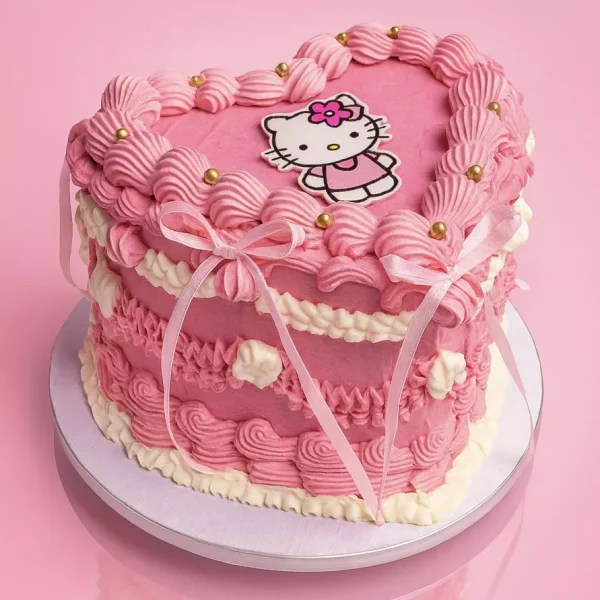 Gâteau personnalisé Hello Kitty en forme de cœur, décor vintage rose et blanc avec crème et rubans. Idéal pour anniversaires ou baby showers à Genève et Lausanne.