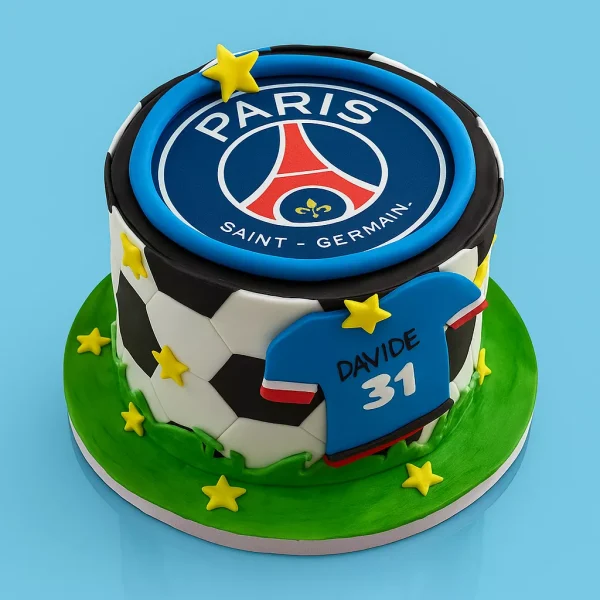 Gâteau personnalisé PSG Paris Saint-Germain avec logo comestible, ballon de foot et maillot en pâte à sucre, création pour anniversaire sur mesure à Genève ou Lausanne.