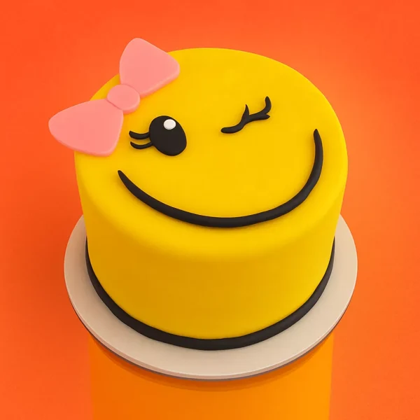 Gâteau emoji jaune en forme de smiley qui cligne de l’œil, décoré d’un nœud rose, gâteau personnalisé fun pour anniversaire à Genève ou Lausanne.