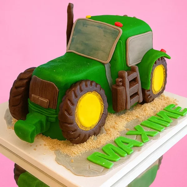 Gâteau en forme de tracteur vert avec roues en chocolat, gâteau d’anniversaire 3D sur mesure pour enfant fan de véhicules agricoles à Genève ou Lausanne.