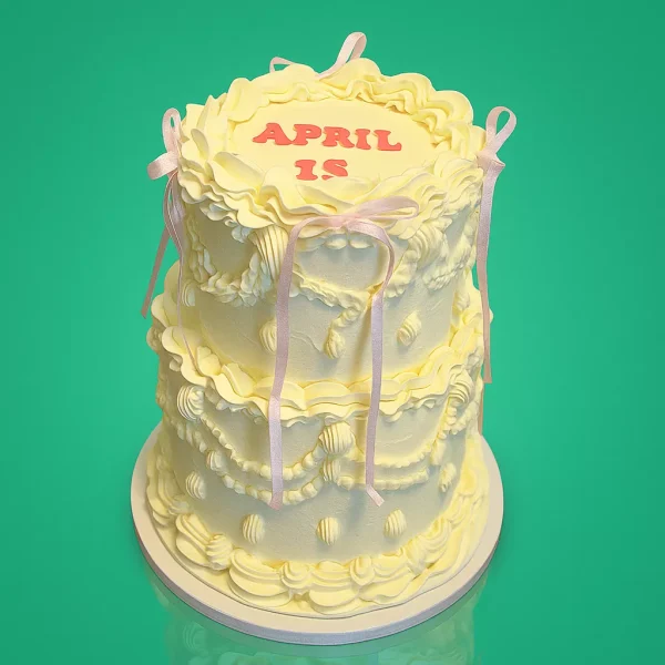 Gâteau vintage haut décoré de crème jaune pastel, rubans roses, volants et lettrage personnalisé, gâteau élégant style old school à Genève ou Lausanne.
