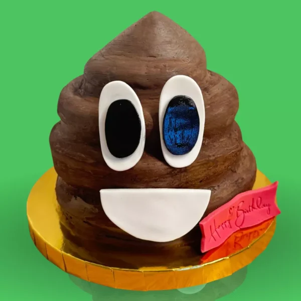 Gâteau emoji caca chocolaté pour anniversaire humoristique, cake fun personnalisé Genève Lausanne.